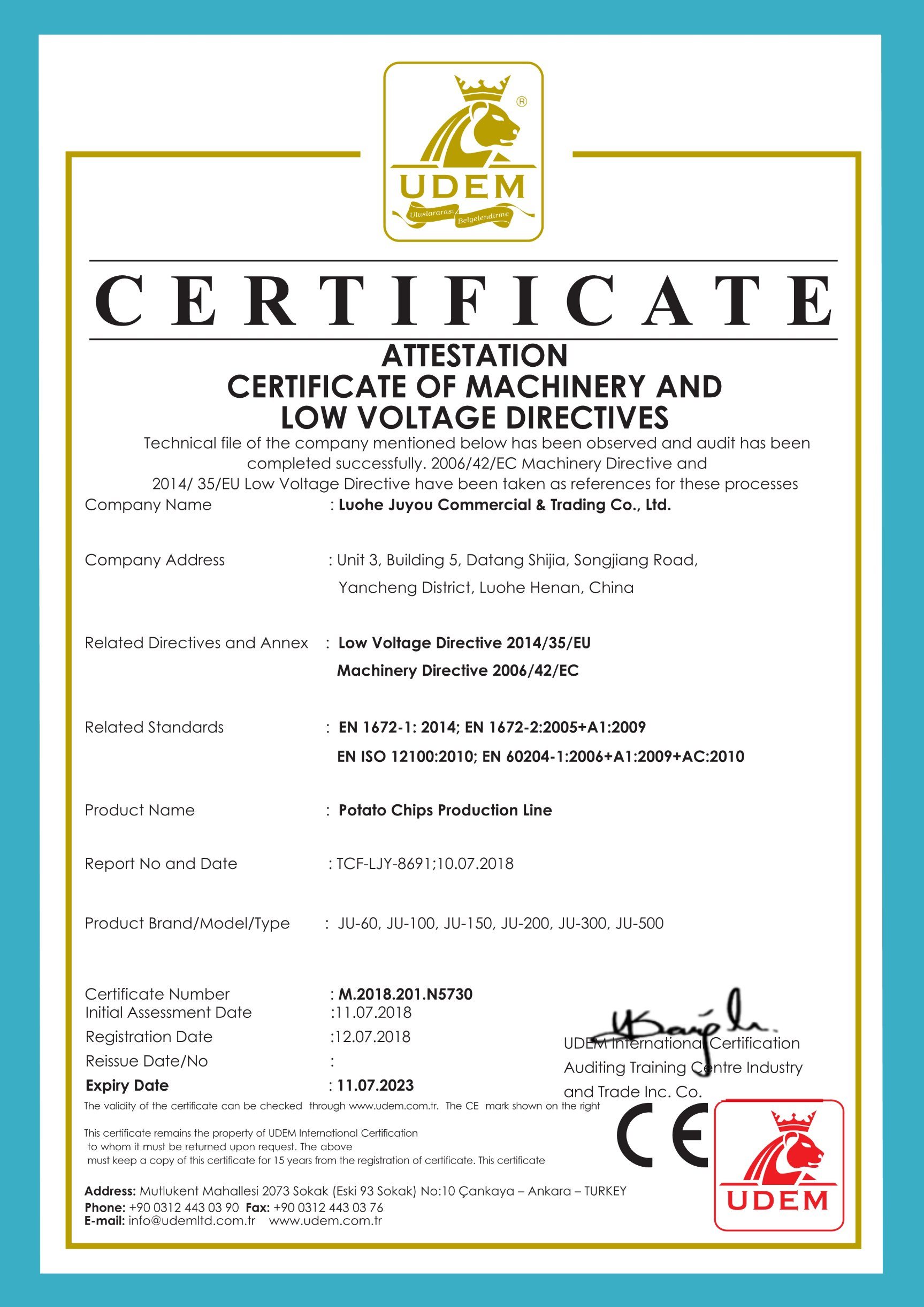 CE CERTIFICATE of POTATO CHIPS PRODUCTION LINE