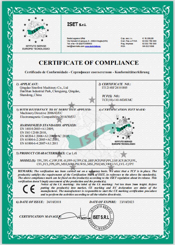 CE Certificate of Car Lift