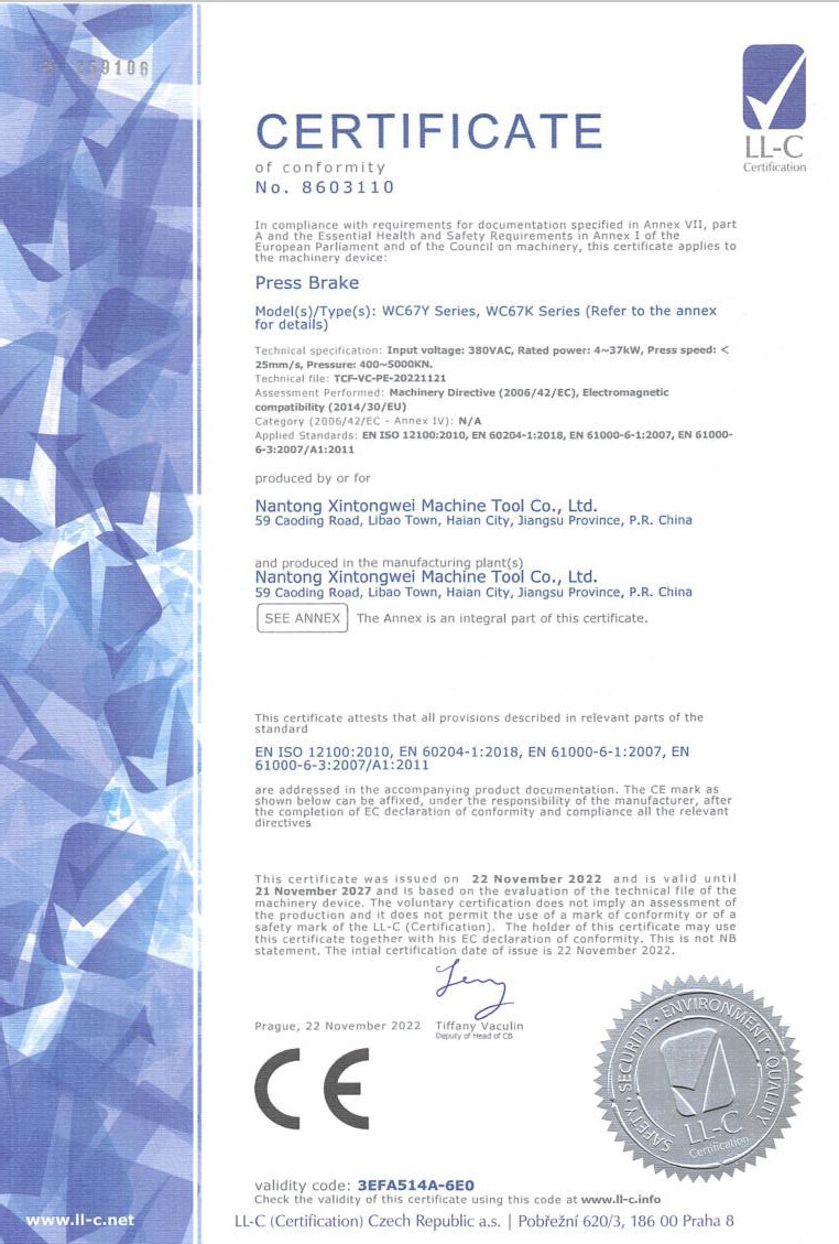 CE Certificate of Press Brake